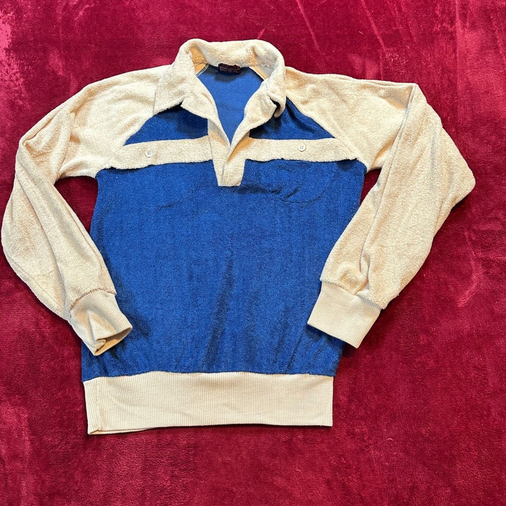 Kingsport Vintage Terry Cloth Pullover Shirt Blue Tan Kids Size M 12-14 Retro